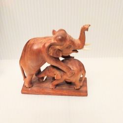 Set Of 3 Carved Playful Wooden Elephants 