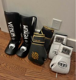 Venum Shin Guards, Sanabul & Pro Mex Boxing Gloves Bundle