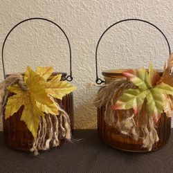 2 Glass Hanging Candle Holders Amber Fall Decor