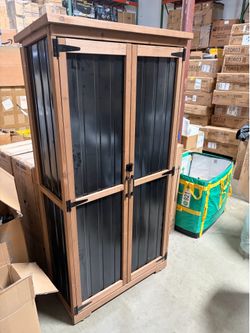 Outdoor Storage Cabinet with 3 Adjustable Shelves, Wood & Metal Garden Storage with Lockable Doors, Tall Weatherproof Shed for Tools, Lawn Equipment, 