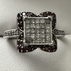 Sterling Silver ~1.5CTW Orange & Champagne Diamond Invisible Center Ring Size 8