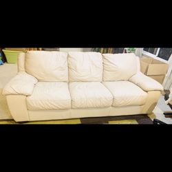 Beige Cream, Off White Real Leather Couch, 7 Ft Long 