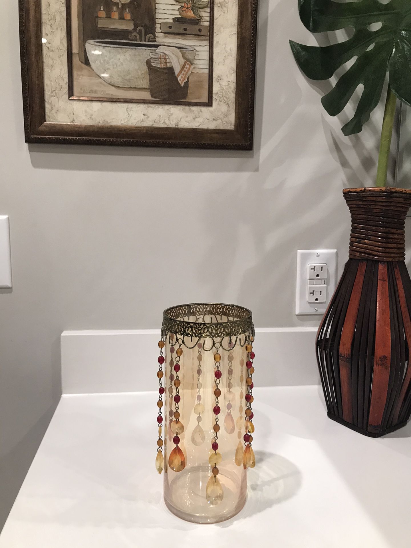 Glass Candle holder with hanging beads