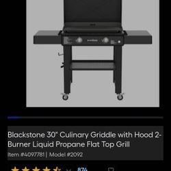 Blackstone 30" Culinary Griddle with Hood 2- Burner Liquid Propane Flat Top Grill
 Mode| #2092