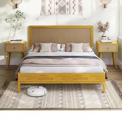 Bme Nipe Bed Frame with Headboard, Bohemian and Mid-Century Modern Style, Solid Rubber Wood Platform Bed with Slat Support, No Box Spring Needed, Easy