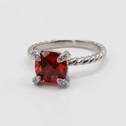 925 Sterling Silver Red Stone Ring Size 6 Cushion Twisted Rope Band Pre-Owned