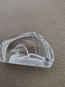 Vintage Mats Jonasson Swedish Lead Crystal Etched Duck/Loon Paperweight