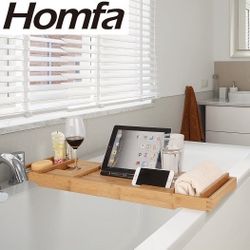 Homfa Bamboo Bathtub Tray, 29.3"-43.5" Expandable Bath Table Over Tub with Wine and Book Holder, Phone & Cup Slot, Two Removable Trays and Free Soap D