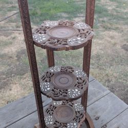 Vintage 27.5" Wooden Hand Carved 3 Tier Folding Cake / Pie Stand with Inlayed
