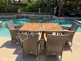 NEW 🔥 Outdoor Patio Furniture Dining Set 7 Pc Grey Wicker Wood ASSEMBLED