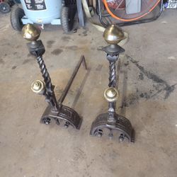 Pair of English Brass Ball Top , Wrought Iron Chased Andirons  Circa 1780
