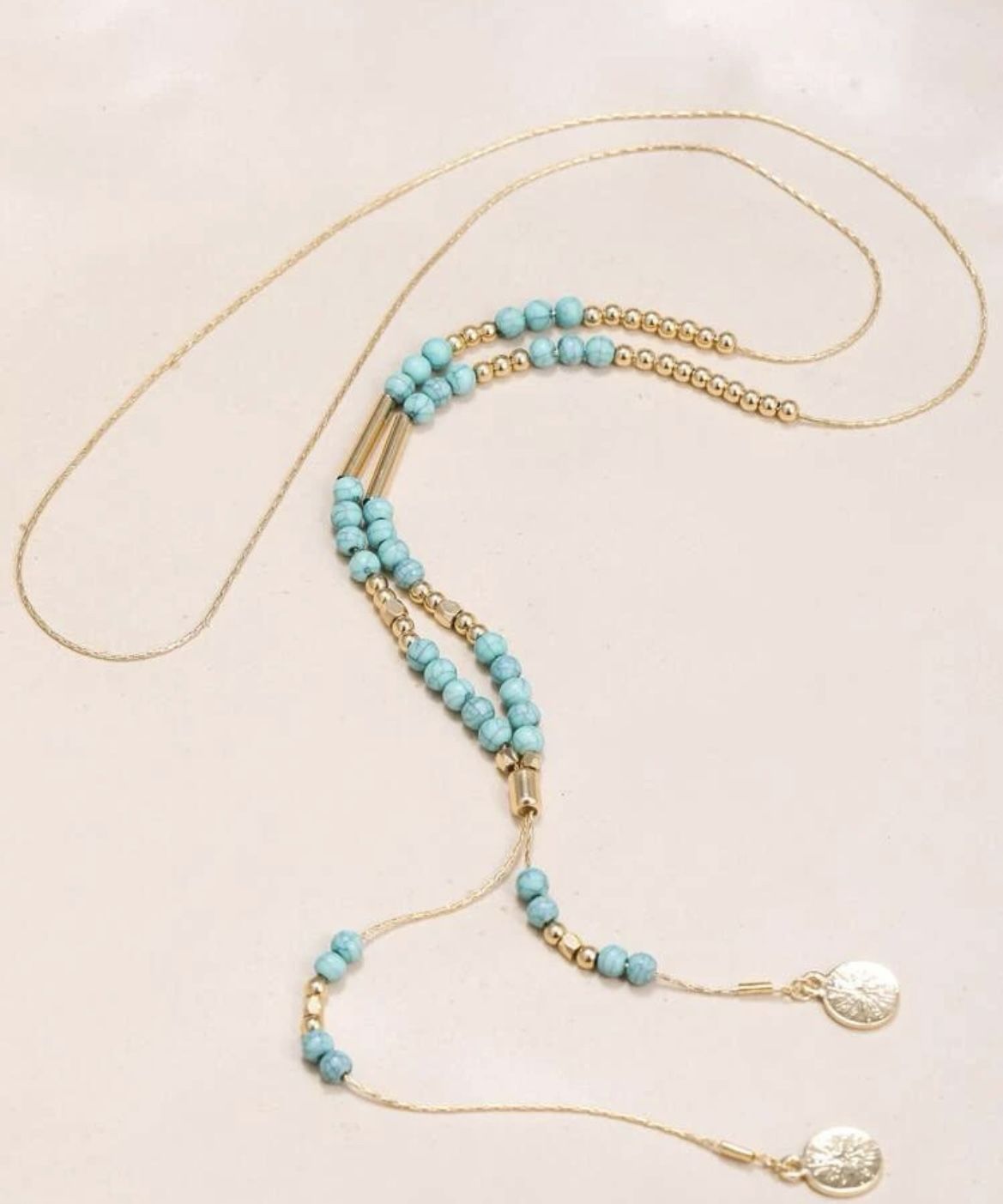 Turquoise Golden Long Beaded Necklace