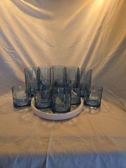 12pc Vintage Anchor Hocking Blue Tartan Glasses