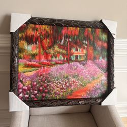 NEW art piece 20x16 La Pastiche Artist's Garden at Giverny with feathered ebony frame