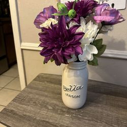 Mason Jar With Purple And Off White Flowers