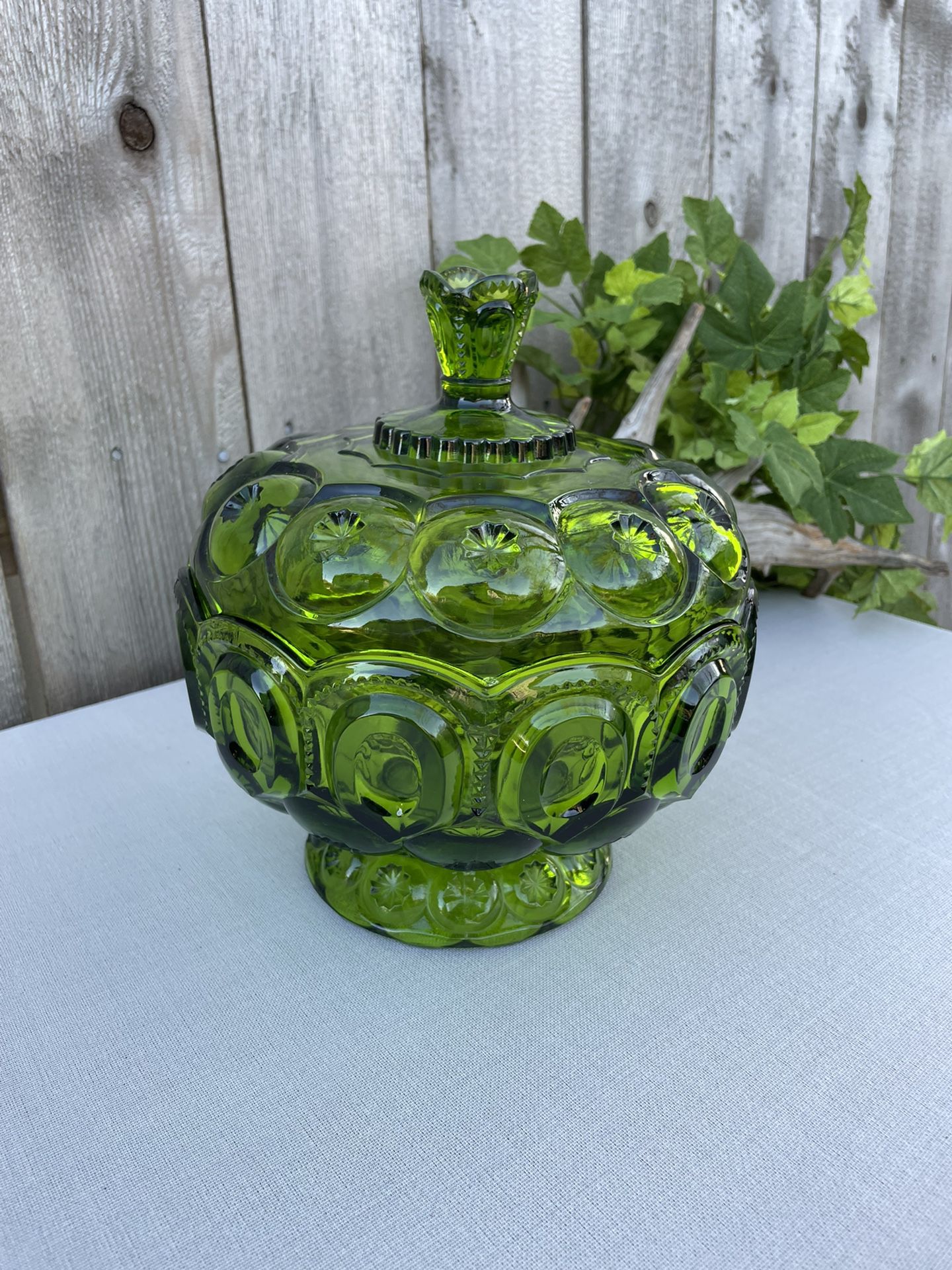 VTG  Large Green Pedestal Bowl With Lid