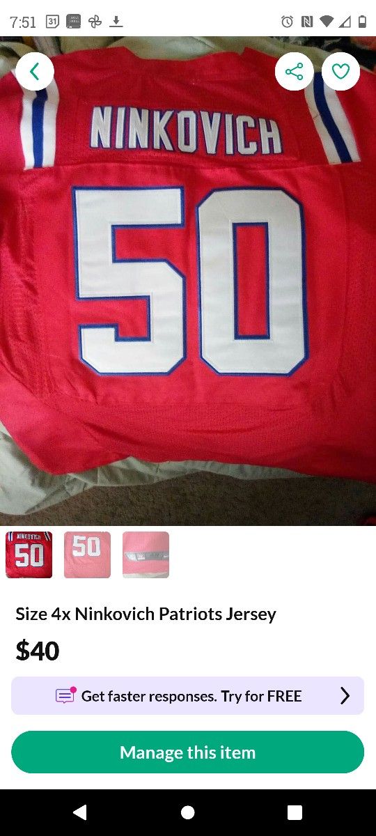 New England Patriots Ninkovich Jersey Size 4XL