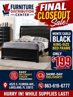 Last chance. Monte Carlo black king-size bed bedframe only $199. Easy finance. Same-day delivery.