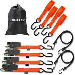 Boat Tie Down Straps to Trailer, Motorcycle Straps,Kayak Tie Downs, 4-PK 1" x 15ft, 1800 LB Break Strength Safety S-Hook & 2 Bungees, Rubber Coated Ha