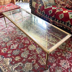 Glass and Wood Coffee Table with Brass Legs 