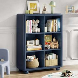 Tall Bookcase with 6 Cube Storage, Wooden Kids Bookshelf with Child Safe Paint, Girl Toy Storage Organizer Cabinet with Thick Board, Boy Lar
