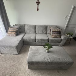 Light Gray Sectional Couch w/ Storage Ottoman – Clean & Comfy!