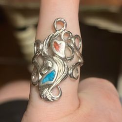 Vintage Engraved 925 Silver Coral & Turquoise Ring Size 6