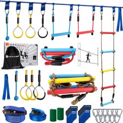 Ninja Warrior Obstacle Course for Kids, 2×56ft Slackline Kit with 8 Ninja Accessories - Monkey Bar, Rope Ladder, Gymnastic Ring, Arm Trainer and Monke