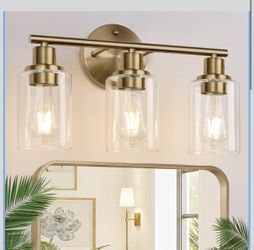 3-Light Bathroom Light Fixtures, Brushed Brass Bathroom Wall Lights with Clear Glass Shade, Modern Bathroom Wall Lamp for Mirror Kitchen Living Room H