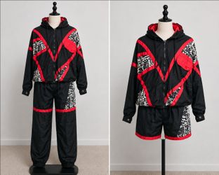 Vintage 80s 90s Windbreaker Tracksuit Set Black Red S/M
