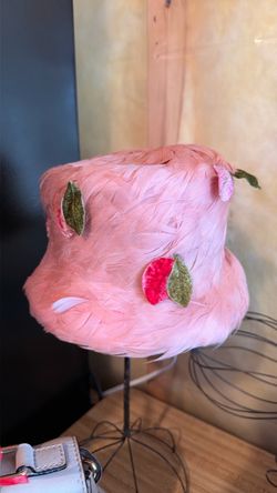 Pink Feather Bucket Hat with Floral Appliqués
