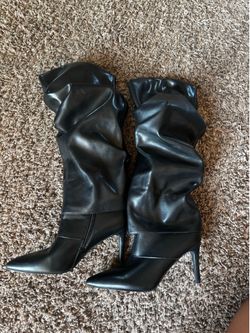 Vaslemuse Black Slouch Knee High Pointed Toe Stiletto Boots