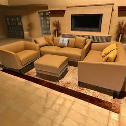 Luxury leather sofa set in bright orange
