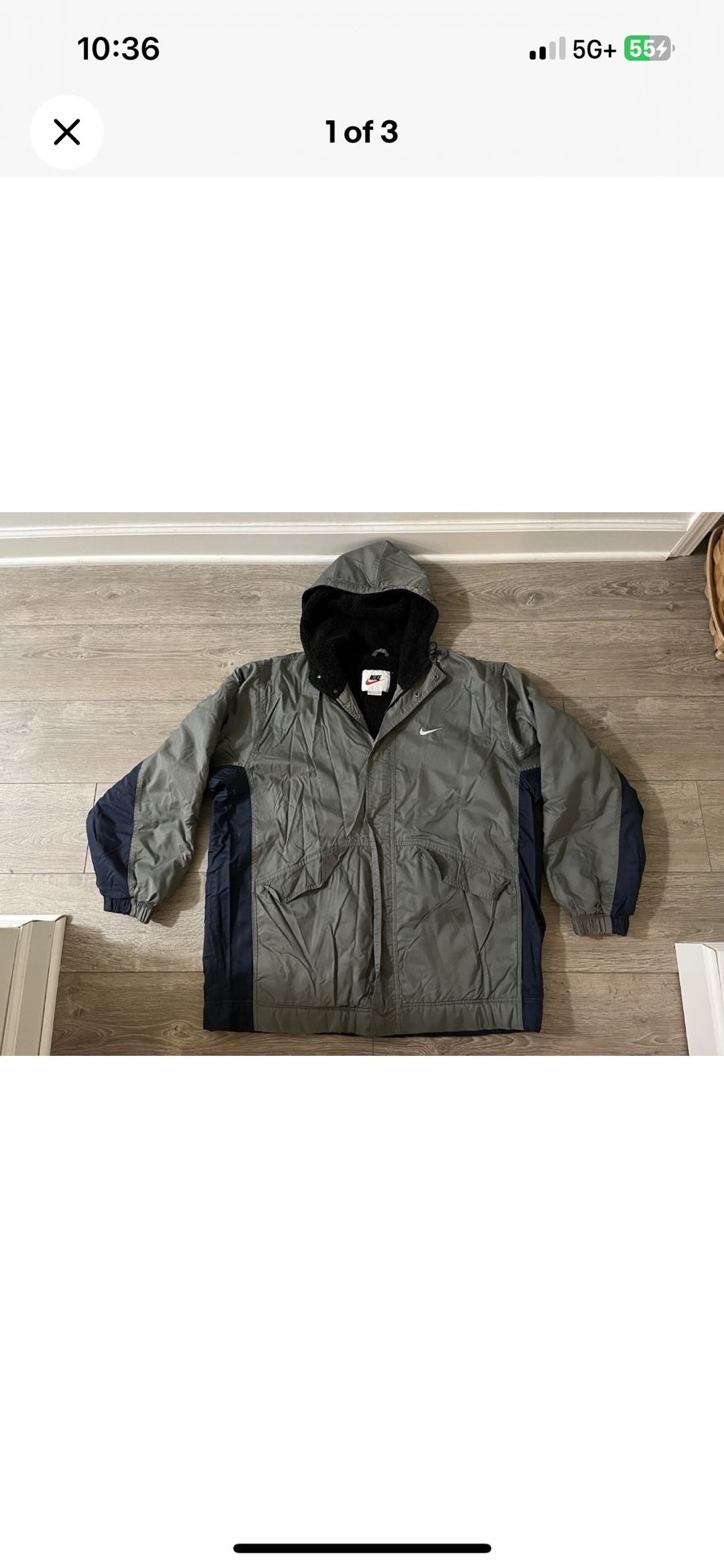 Vintage 90s Nike Men’s Winter Sherpa Parka Jacket Hooded Gray Blue L White Tag