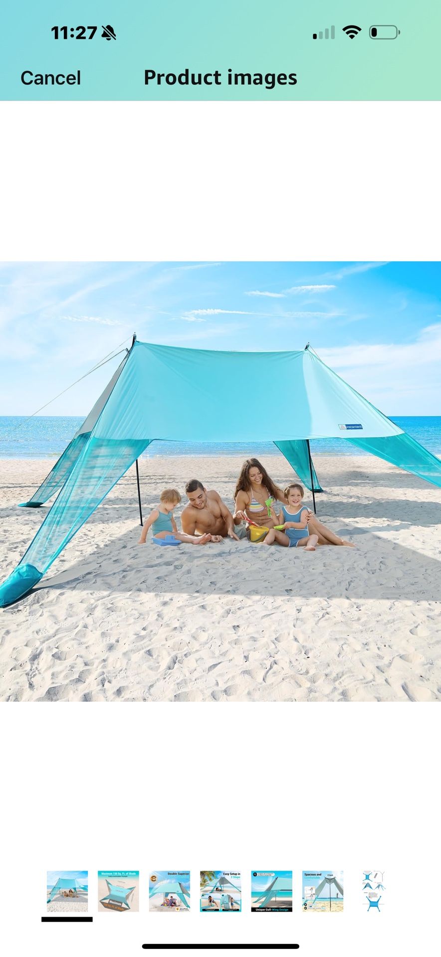 Large Portable Beach Shade- 15X10ft, Easy Setup, UPF50+ Protection, Ultra-Stable, Gull-Wing Beach Tent (Blue)