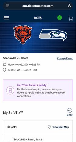 1 SINGLE Section 231 Row I Delta Club Ticket for Seahawks vs Bears (11/2 Monday Night Football)