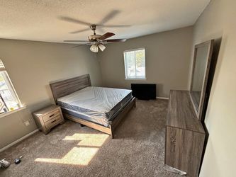 BRAND NEW 4-PIECE BEDROOM SET. SLEEK WOODEN FINISH(BED, DRESSER, MIRROR, NIGHTSTAND). KING or QUEEN