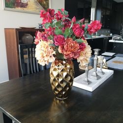 Large Gold Vase With Silk Flowers