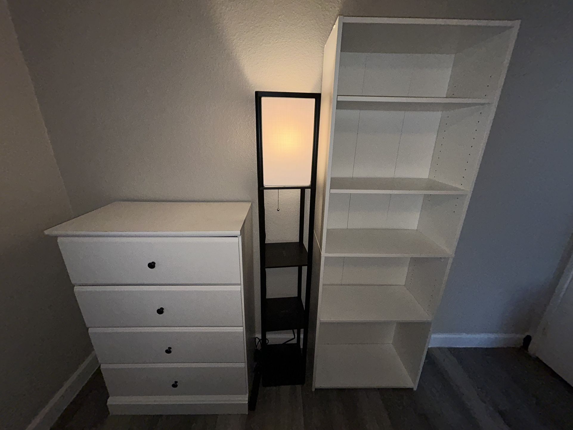 Mirror, dresser, shoe rack, lamp, & book shelf