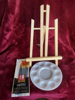 New Wood 12 In Ht Easel , 10 Artist Brushes and Paint Palette