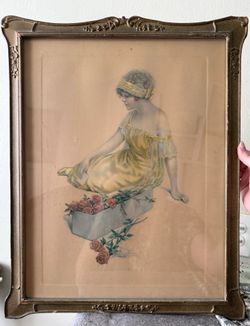 Vintage Antique Girl with Rose Framed Print 1920s Art Deco