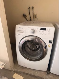 Samsung front-load washing machine, model WF365BTBGWR. Tested and works well. No leaks or loud noises. Energy Star rated with steam cycle and direct