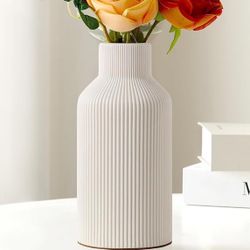 8" White Minimalist Ceramic Vase W/ Ridged Texture