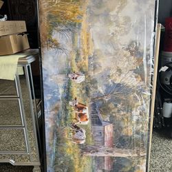 Large Framed Canvas Painting - 24x48 Watercolor Landscape Wall Decor, Country ture with Wooden House and Green Trees, w Art Prints for Bedroom Living 