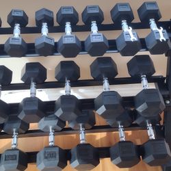 RUBBER HEX DUMBBELLS SET:
  5-50lb. WITH THE RACK.
