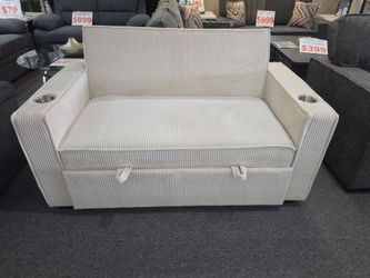 BRAND NEW BIEGE CORDUROY Sleeper Sofa W/ Cup Holders & USB Port
