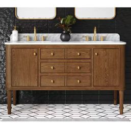 Collette 60 in. Double Sink Freestanding Bathroom Vanity in Cinnamon Oak with White Carrara Marble Top (Assembled)
