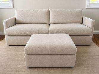 Crate & Barrel Lounge Sofa + Matching Ottoman — Like New; Fabric: Mossa Chai