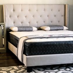 Brand New Full Size Beige Tuffed Linen Bed Frame With New Mattress/Fast Delivery 