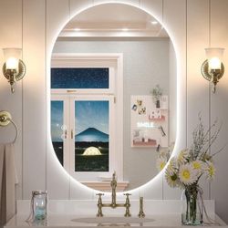 24 x 32 Inch LED Oval Mirror Backlit Bathroom Mirror Dimmable Lighted Vanity Mirror Anti-Fog Wall Mounted Makeup Mirror with Lights
